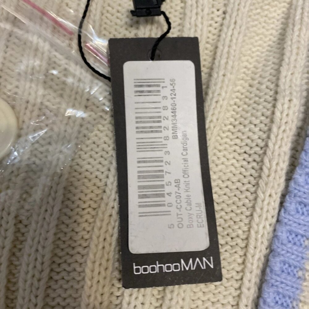 NWT BoohooMAN Boxy Cable Knit Cardigan Mens M Cream Striped Oversized 'Official' - Picture 3 of 7